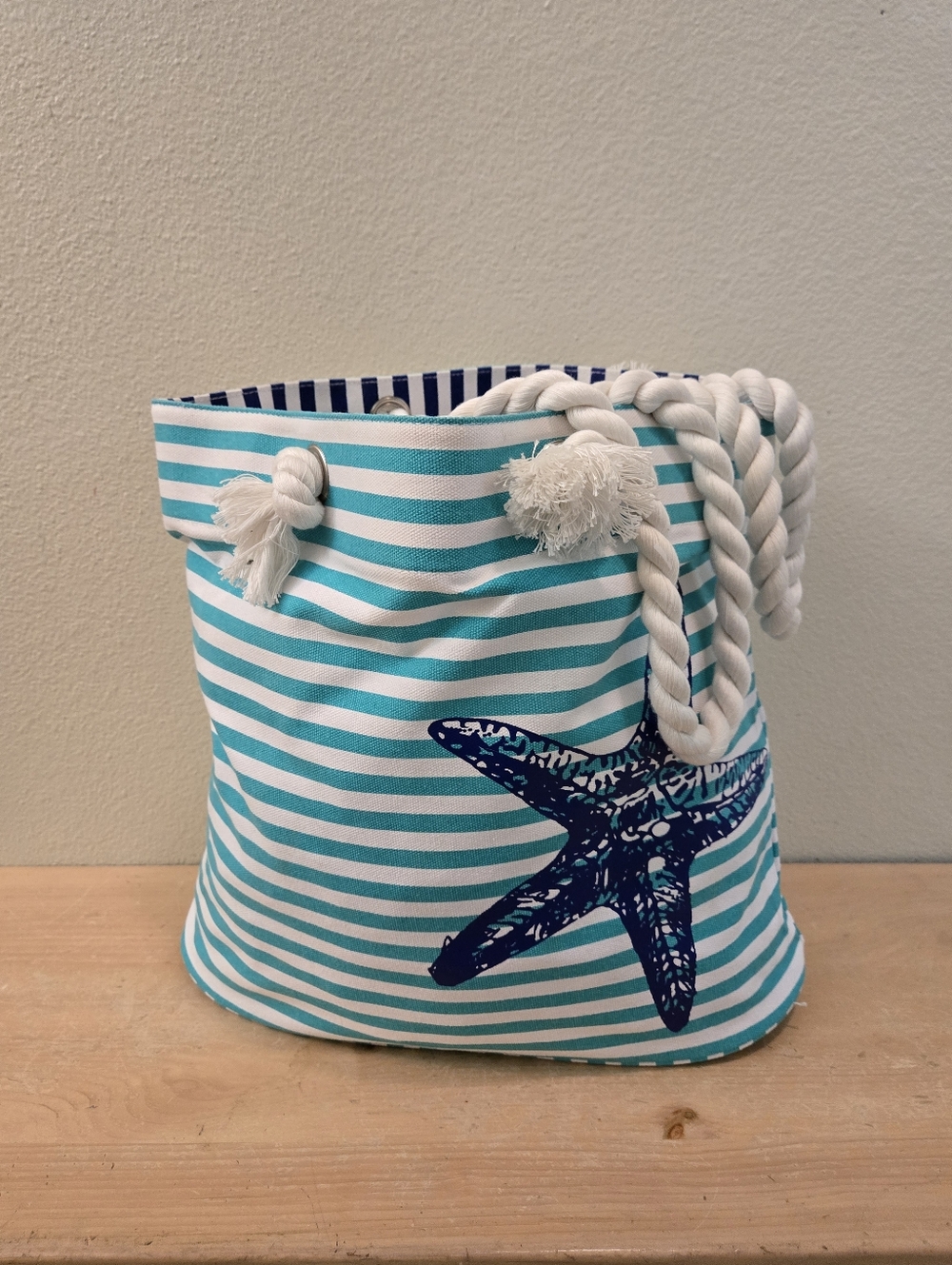 Striped Turquoise & White Nautical Rope Tote with Starfish Beach Starfish Travel